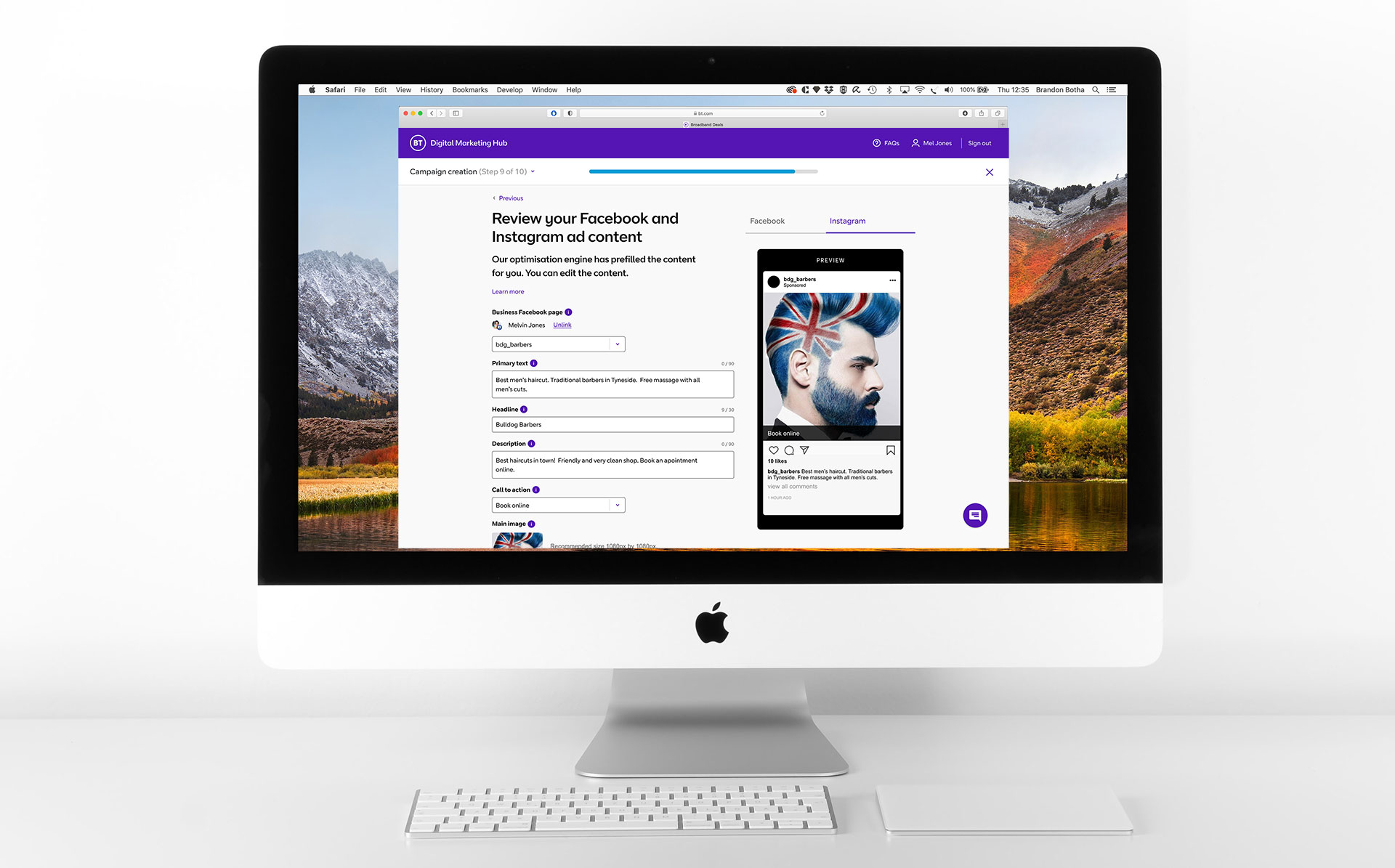BT Digital Marketing Hub campaign creation on desktop